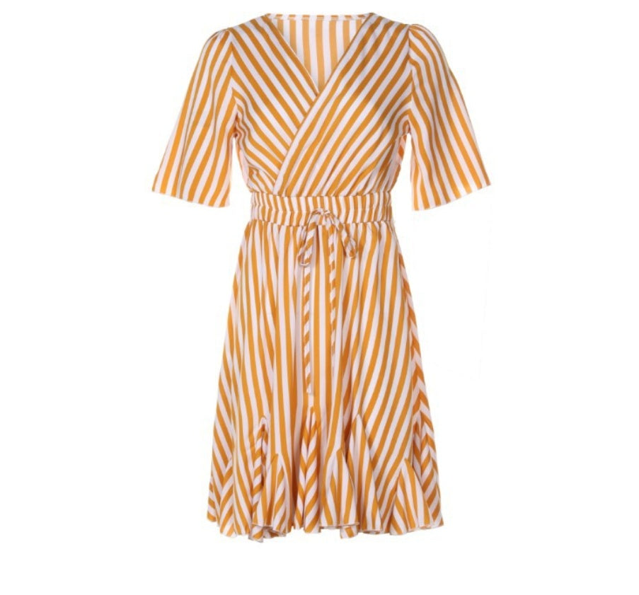 Stripe Ruffle Belted Short-sleeve Dress