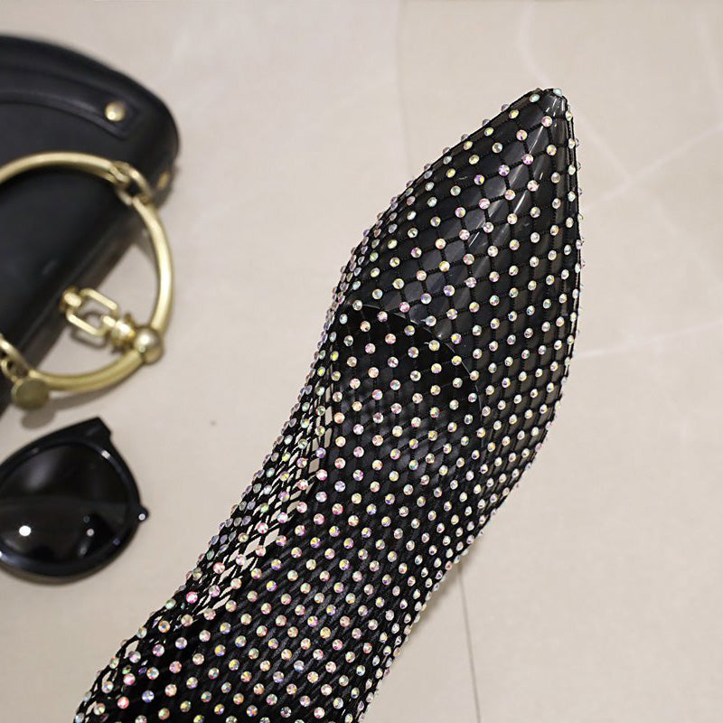 Mesh Rhinestone Hollow Pointed Toe Long High Heel Boots