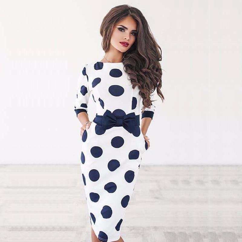 Polka Dot Bow Belt Slim Dress