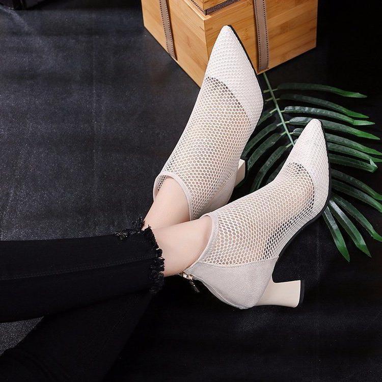 Mesh Back-zip Mid Heel Ankle Boots