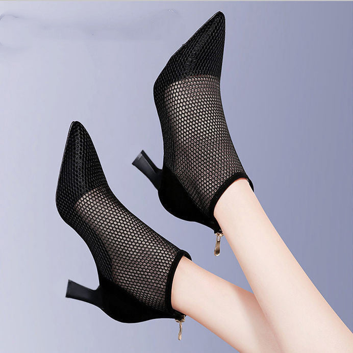Mesh Back-zip Mid Heel Ankle Boots