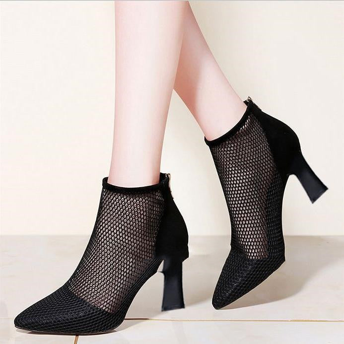 Mesh Back-zip Mid Heel Ankle Boots