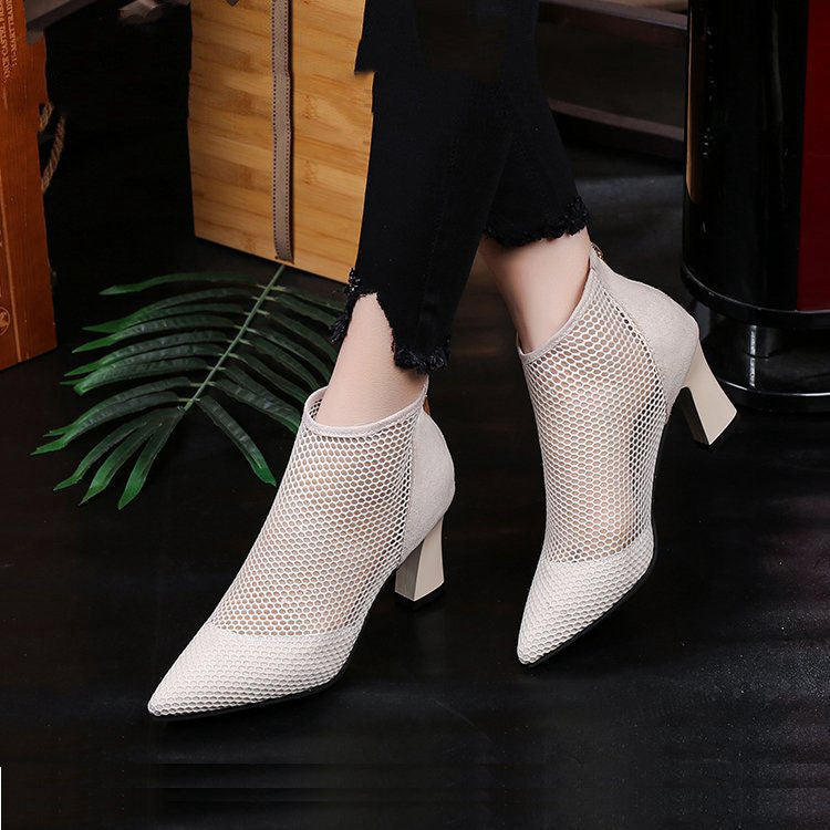 Mesh Back-zip Mid Heel Ankle Boots