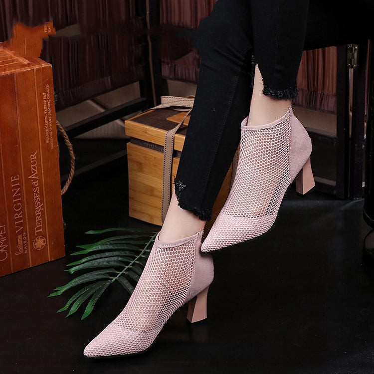 Mesh Back-zip Mid Heel Ankle Boots