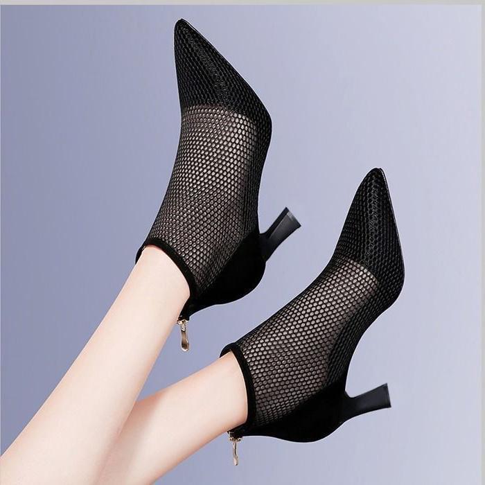 Mesh Back-zip Mid Heel Ankle Boots