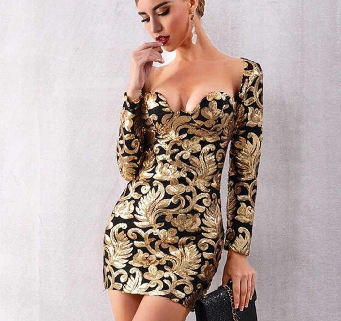 Paillettenbesetztes Kleid mit tiefem V-Ausschnitt