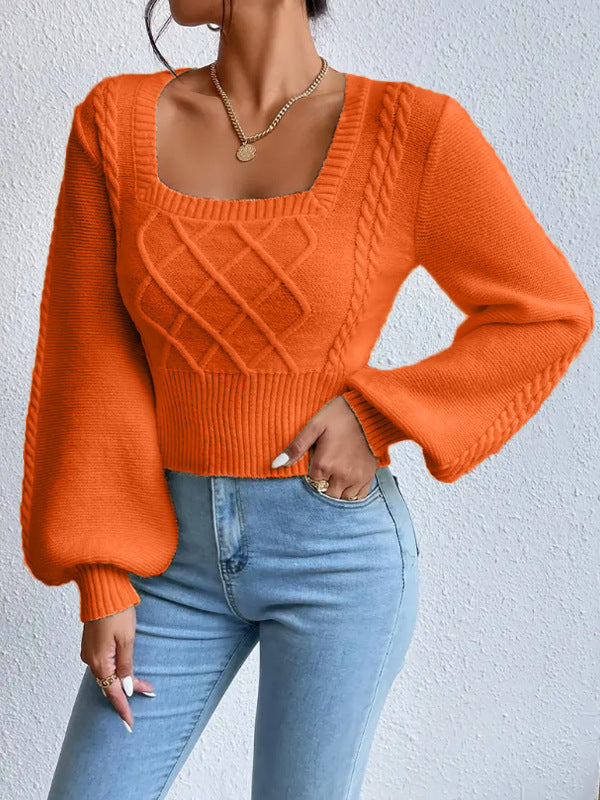 Knit Square Collar Puff Long Sleeve Sweater