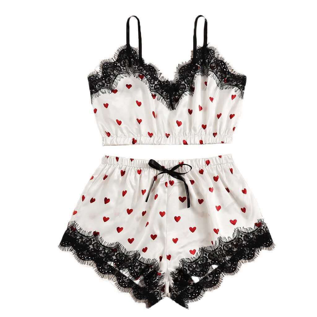Silk Lace Hearts Print Shorts Pyjamas Two-piece Set