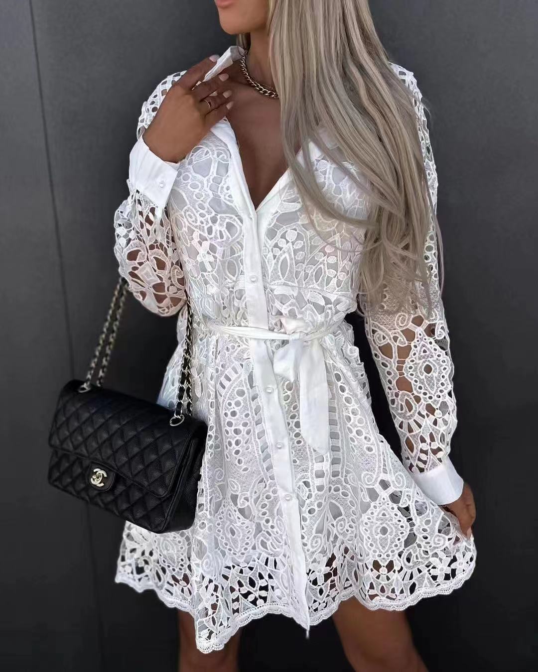 Lace Belted Long-sleeve Mini Dress