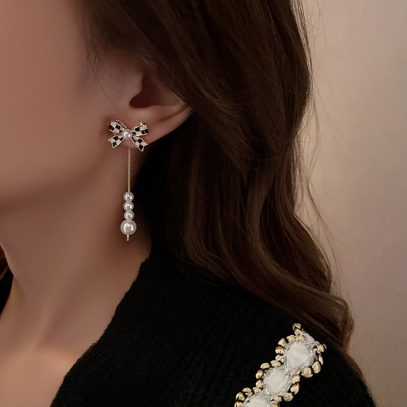 Pearl Check Bow Drop Earrings