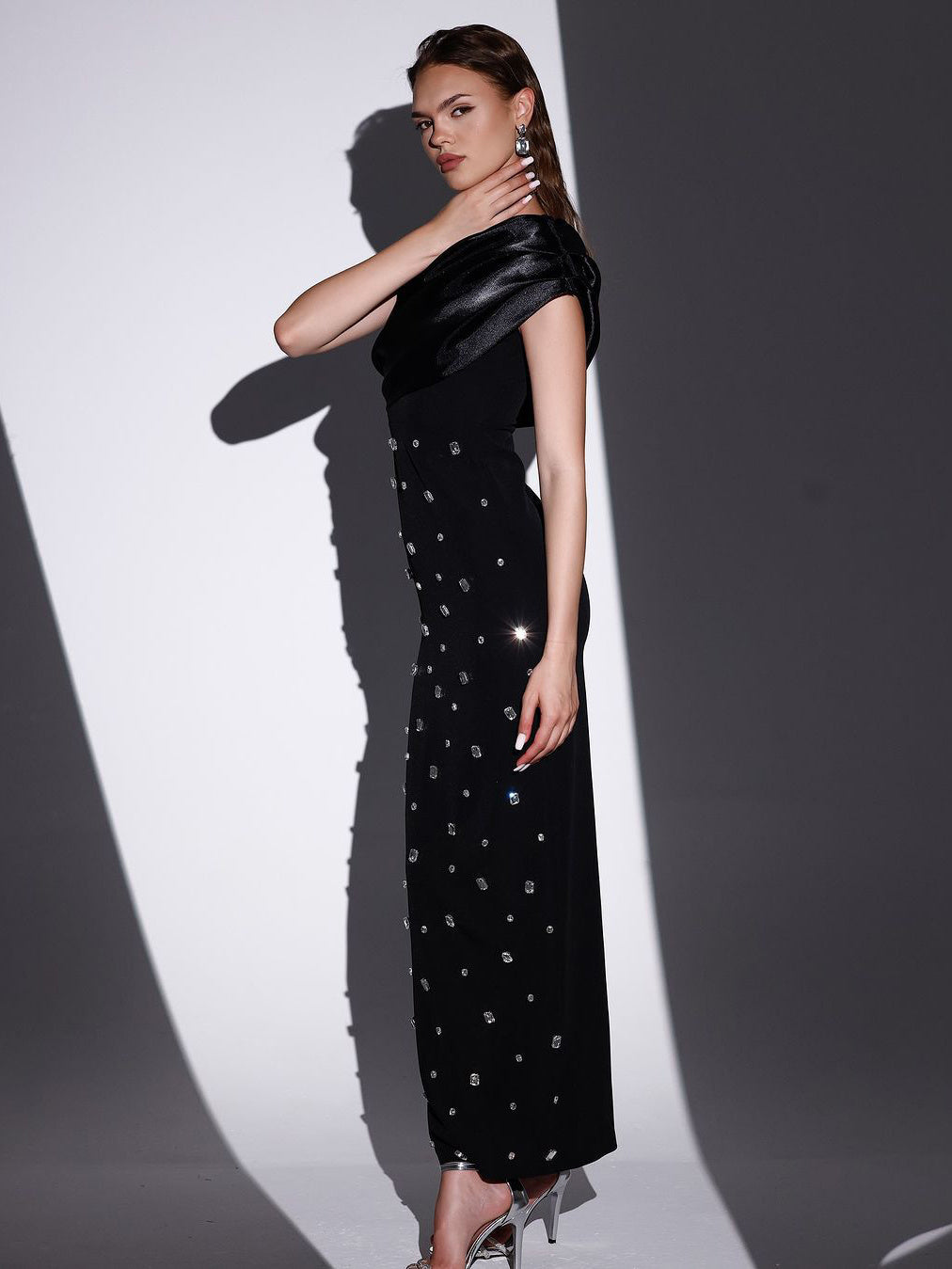 Black Off-the-shoulder Satin Sequin Dress
