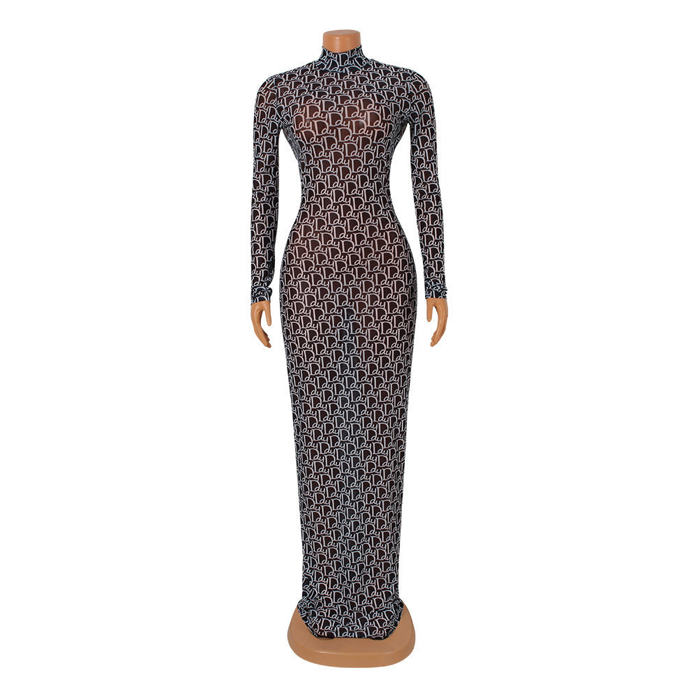 Mesh Print Backless Long Sleeve Maxi Dress