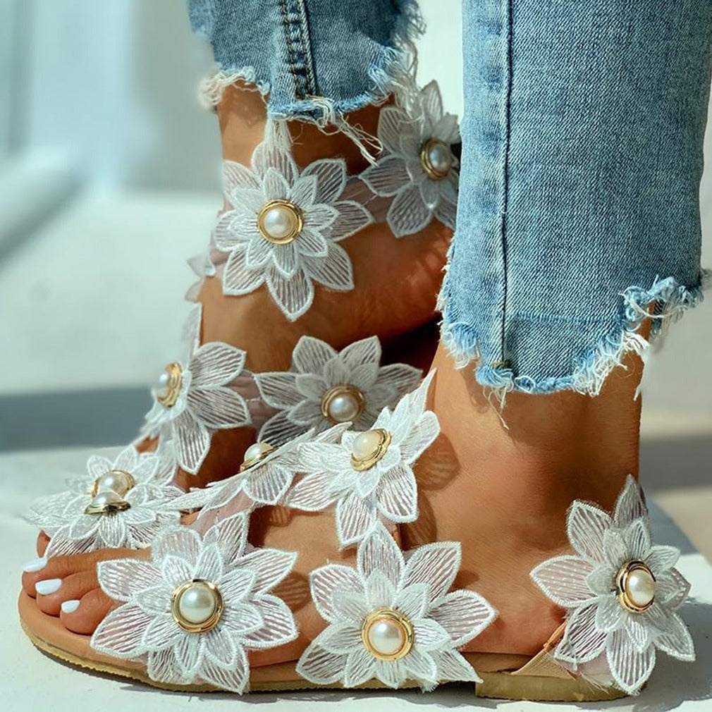Sandalias de encaje de gasa con flores de perlas