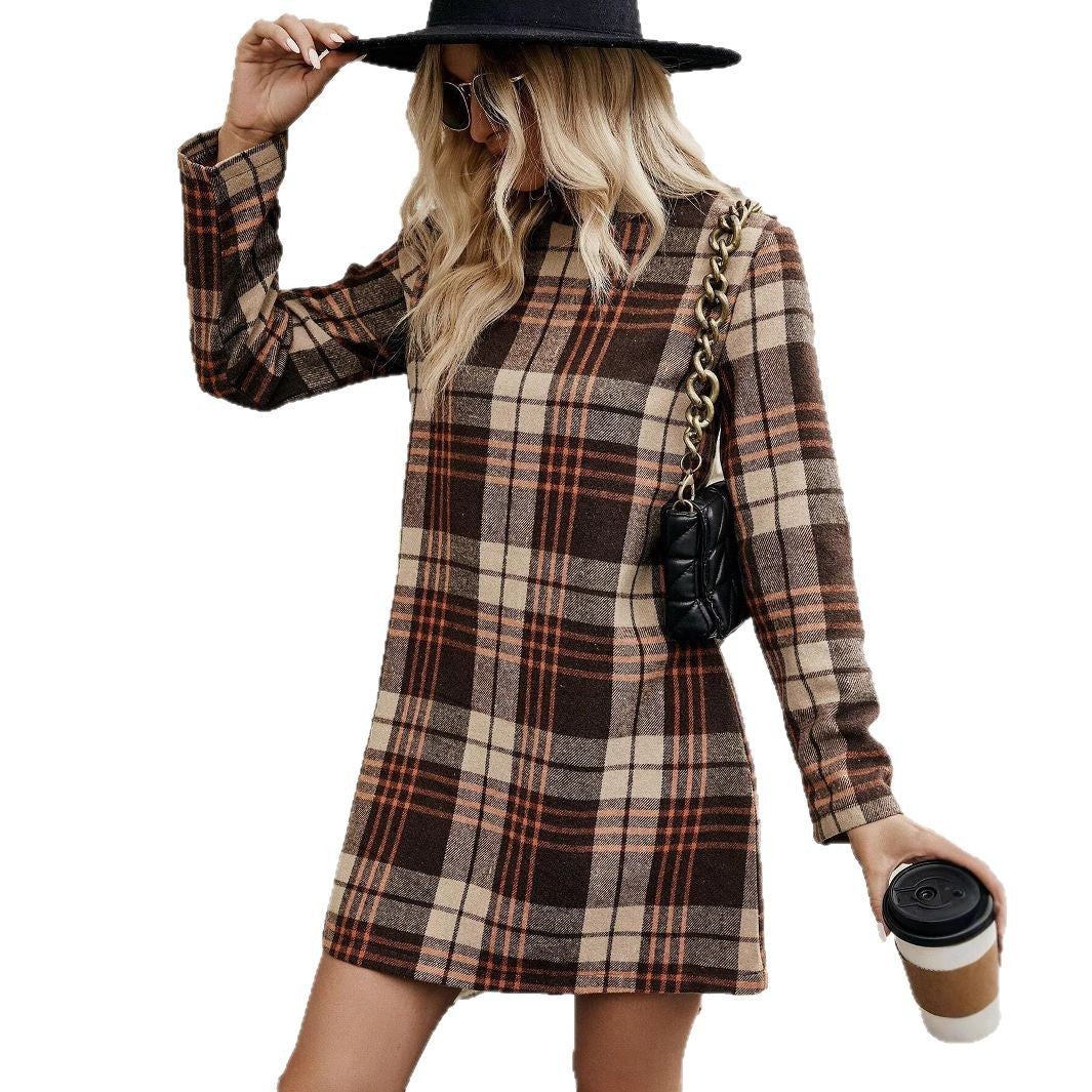 Brown Plaid Long Sleeve Dress