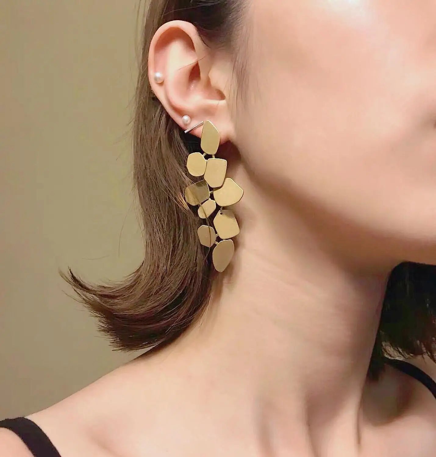 Geometric Flowers Gold Color Plated Long Drop Earrings