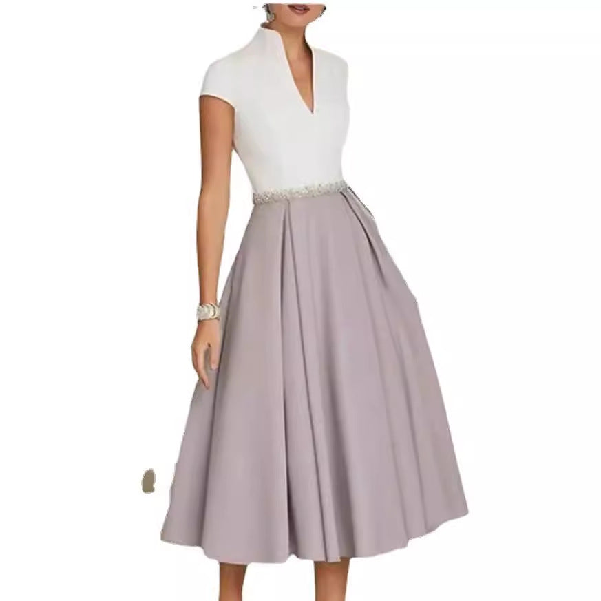 A-Line White Color-block V Neck Large Swing Dress