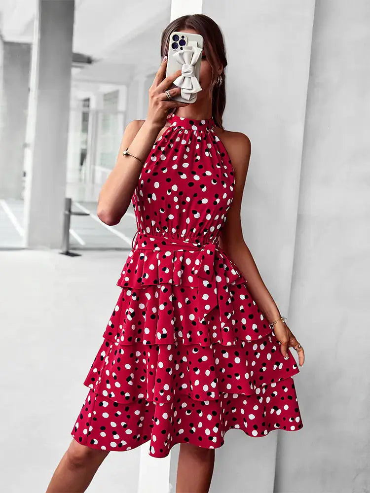 Polka Dot Halter-neck Ruffle Sleeveless Dress