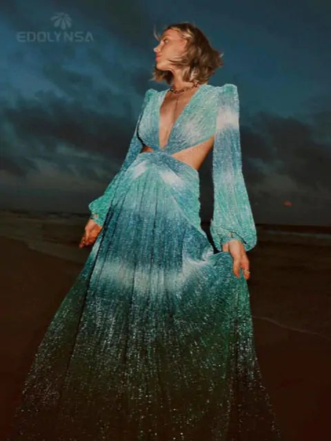 Hollow Lantern Sleeve Maxi Dress