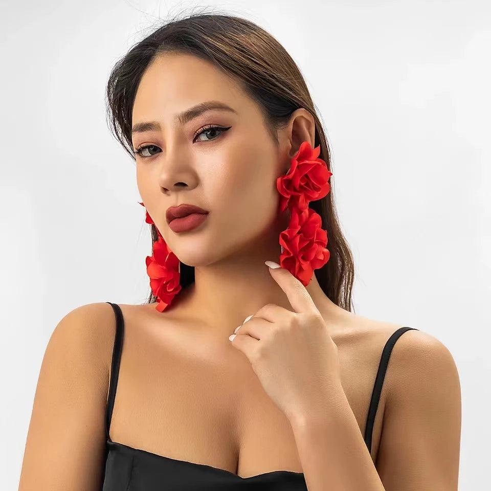 3D Flower Large Long Drop Earrings