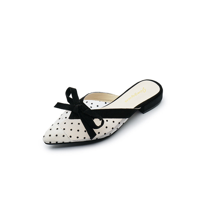 Mesh Polka Dot Bow Pointed Toe Flat Sandals