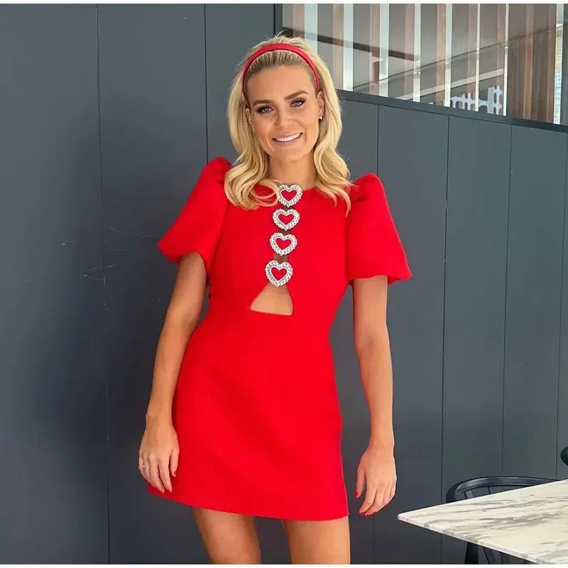 Polka Dot Bow Heart Hollow Puff Short Sleeve Dress