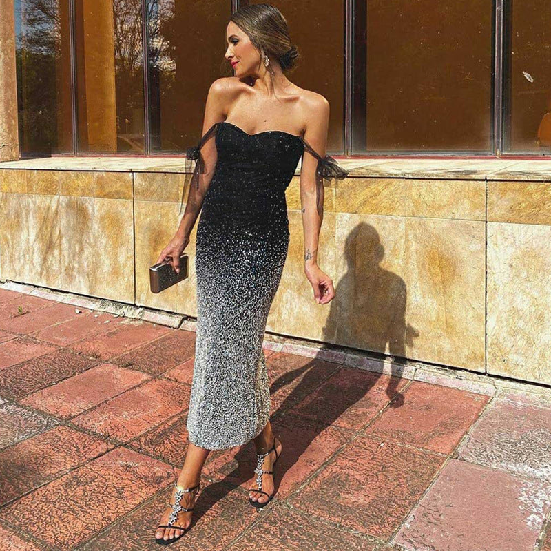 Sequin Off-the-shoulder Tie-Bow Colour-Block Dress