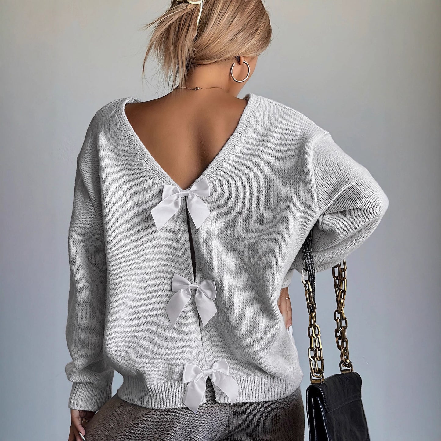 Back V-neck Tie-bow Knit Long-sleeve Sweater