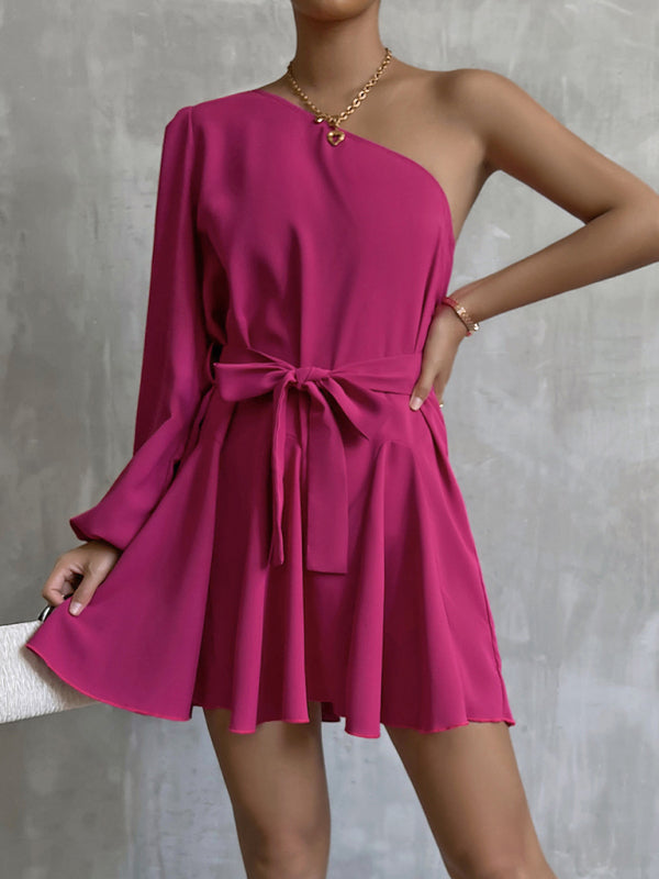 Slanted Shoulder Belted A-Line Swing Dress