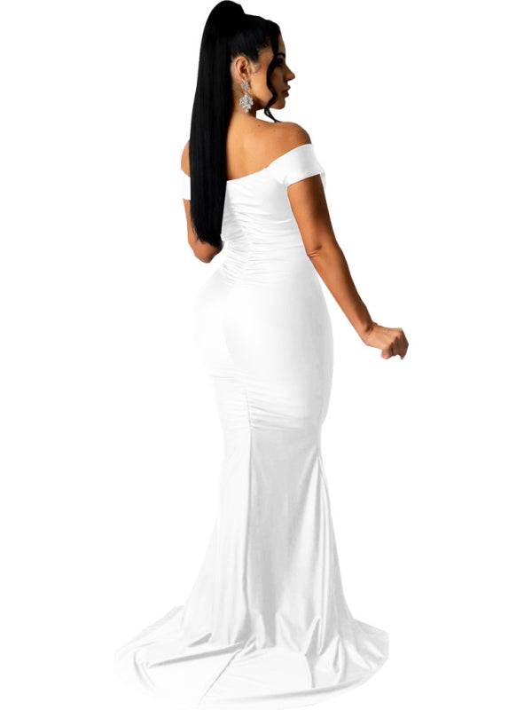 Off-shoulder V Neck Ruched Dress - Arabella's Couture