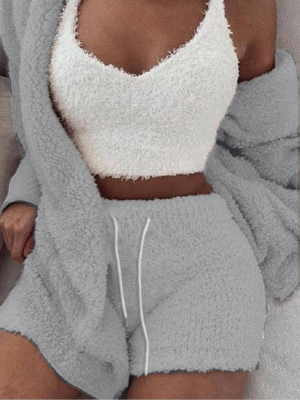 Conjunto de pantalones cortos y chaleco de pijama de felpa de 3 piezas