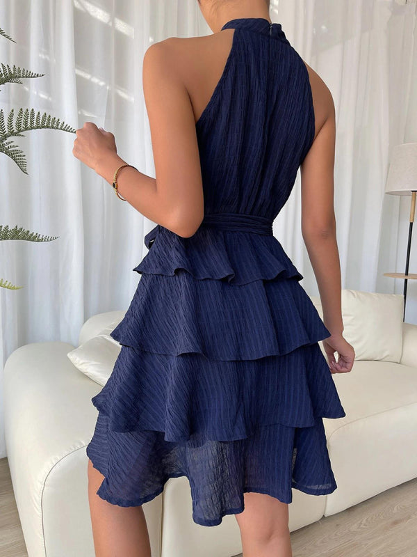 Halter-neck Ruffle Sleeveless Belted Dress