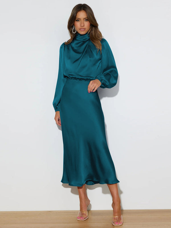 Satin Long Sleeve Dress - Arabella's Couture