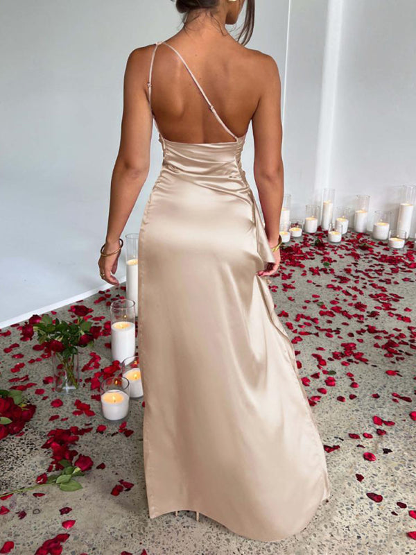 One Shoulder Satin High Slit Dress - Arabella's Couture