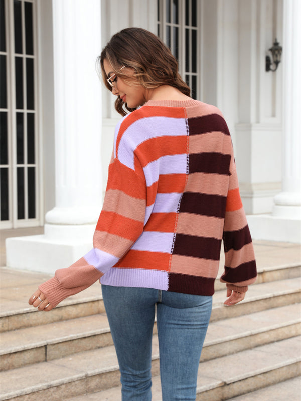 Patchwork Striped Contrasting Crew Neck Sweater - Arabella's Couture