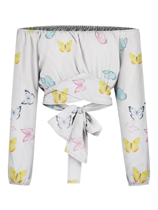 Off-shoulder Cross Strap Long Sleeve Top - Arabella's Couture