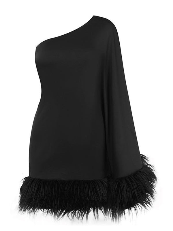 One-shoulder Furry Hem Cape Dress - Arabella's Couture