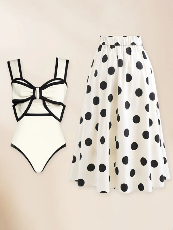 Bow One-piece Swimsuit + Polka Dot Print Skirt - Arabella's Couture