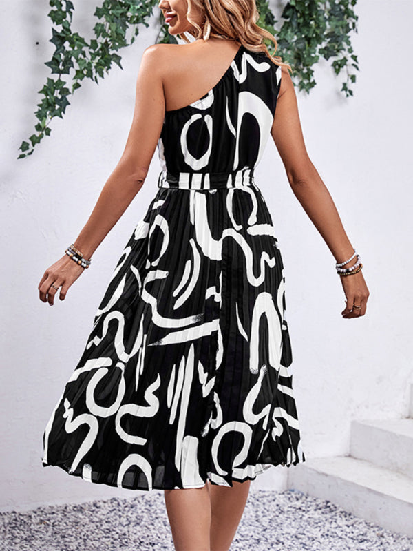 One-shoulder Print Sleeveless Dress