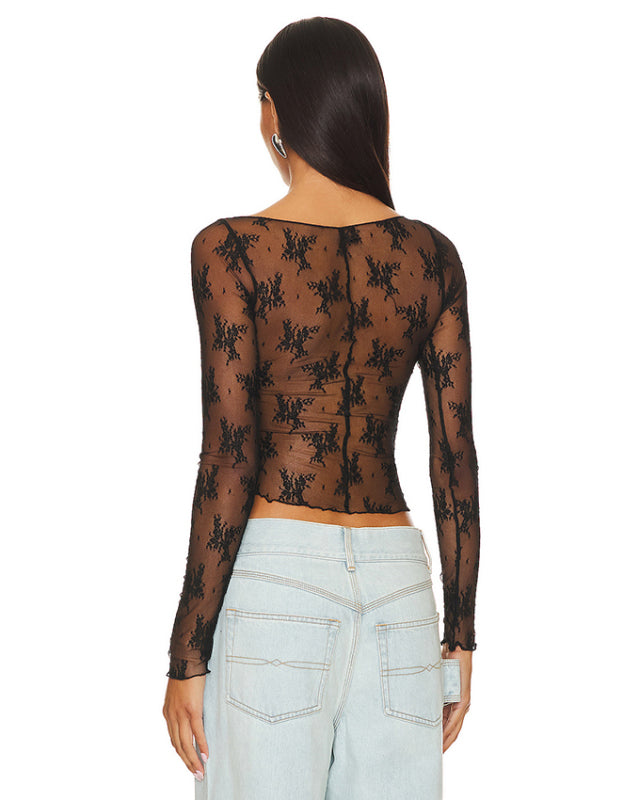 Mesh Long-sleeved Lace Top - Arabella's Couture