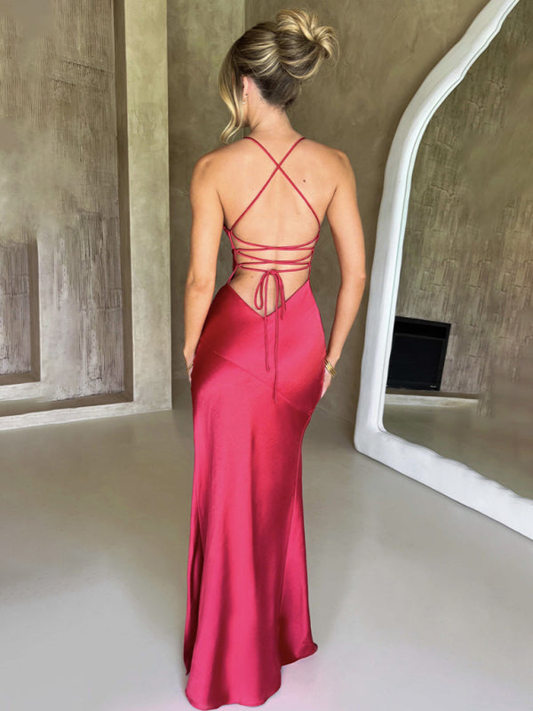 Satin V-neck High Slit Dress - Arabella's Couture