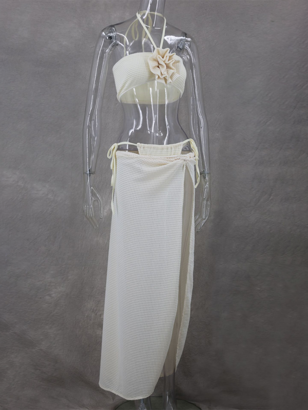 Top de tubo de punto Falda con abertura de cintura alta Traje de tres piezas