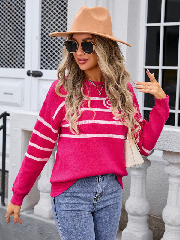 Striped Bow Round Neck Knitted Sweater