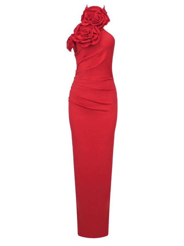 3D Flower Halter Neck Sleeveless Slit Maxi Dress