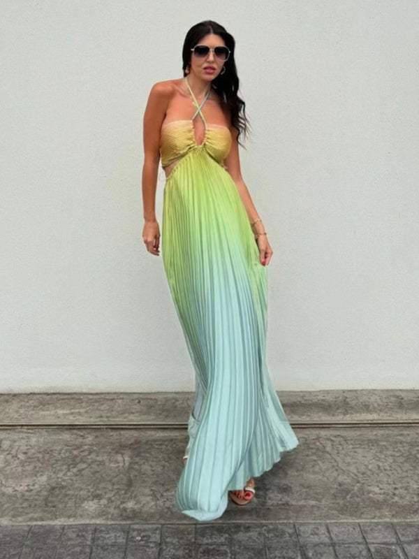 Halter Neck Hollow Pleated Gradient Color Long Dress
