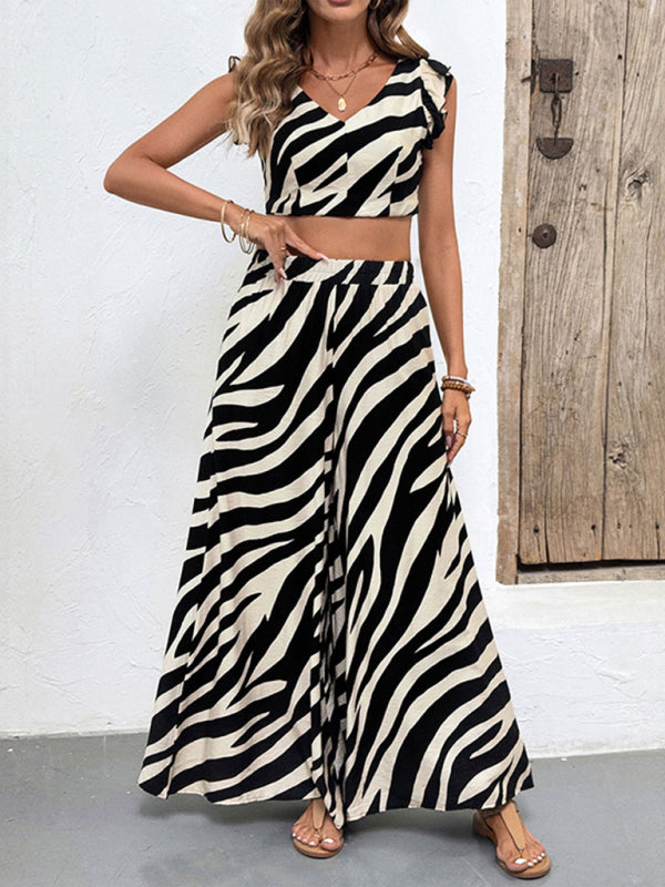 Zebra Print Top and Wide-Leg Trousers Two-piece Set