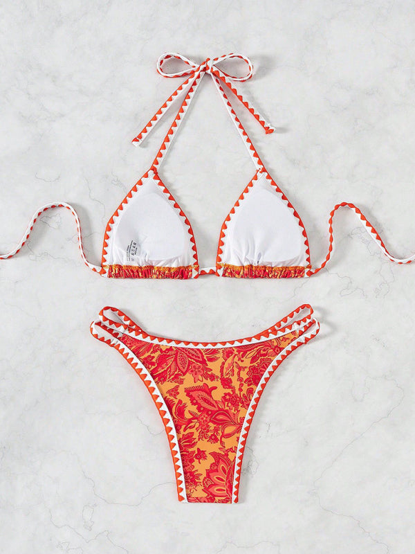 Orange Printed Halter Neck Two-piece Bikini Set