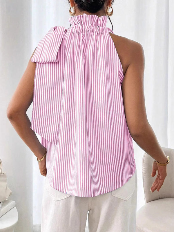 Striped High-neck Tie-knot Sleeveless Shirt