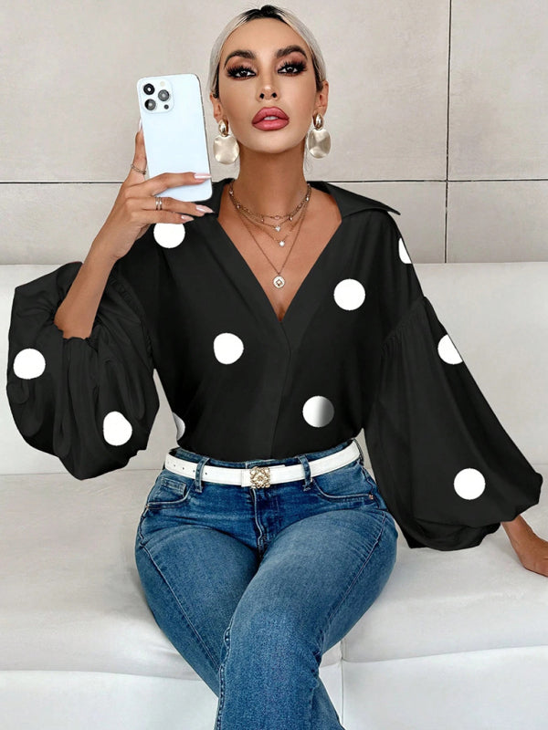 Polka Dot Loose-fitting Puff-sleeved Semi-open Collar Shirt