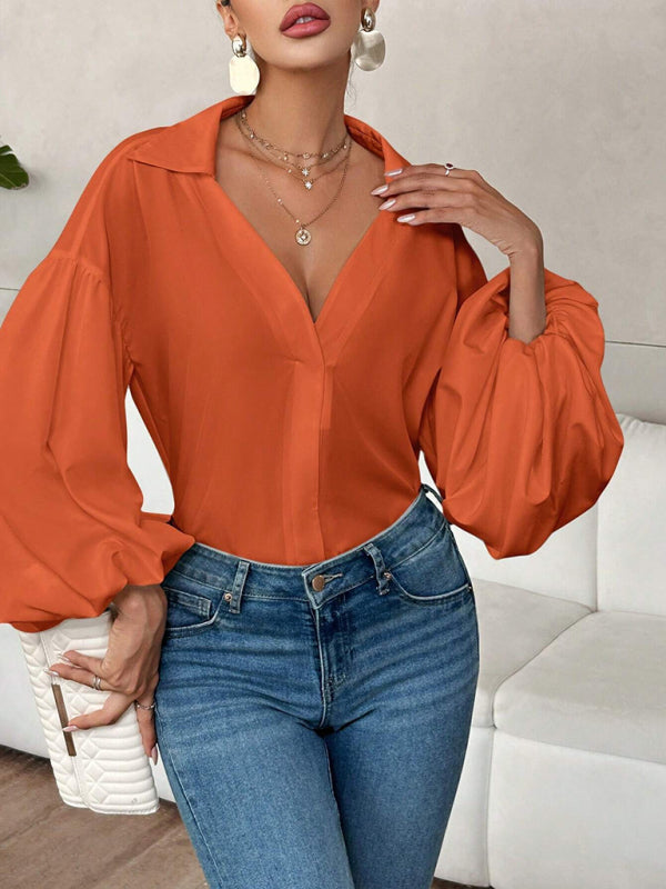 Puff-sleeved V-neck Semi-open Collar Blouse