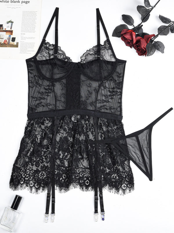 Thin Lace Irregular Hem Lingerie Dress Two-piece Set